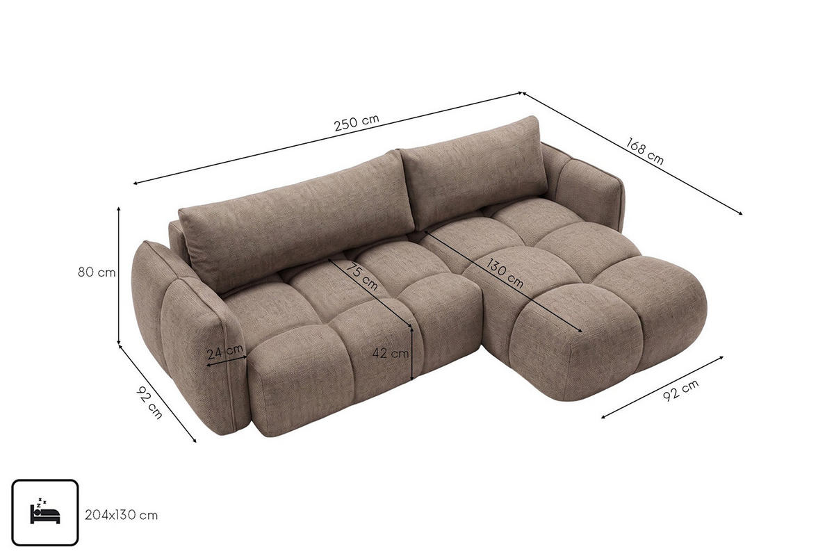 ROHOVÁ SEDAČKA ve tvaru L s funkcí spaní, Nexi, Taupe, Pravá strana, BELVEDER L - šedohnědá, dřevo (250/168cm) - Kaiser Möbel