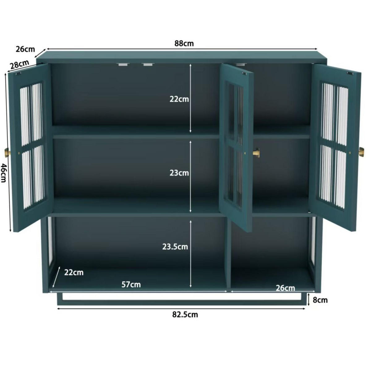 KÜCHENOBERSCHRANK 88/26/82,5 cm mit Glasfront, 3 Türen und Handtuchhalter - Dunkelgrün, Holzwerkstoff (88/82.5/26cm) - BEAOK