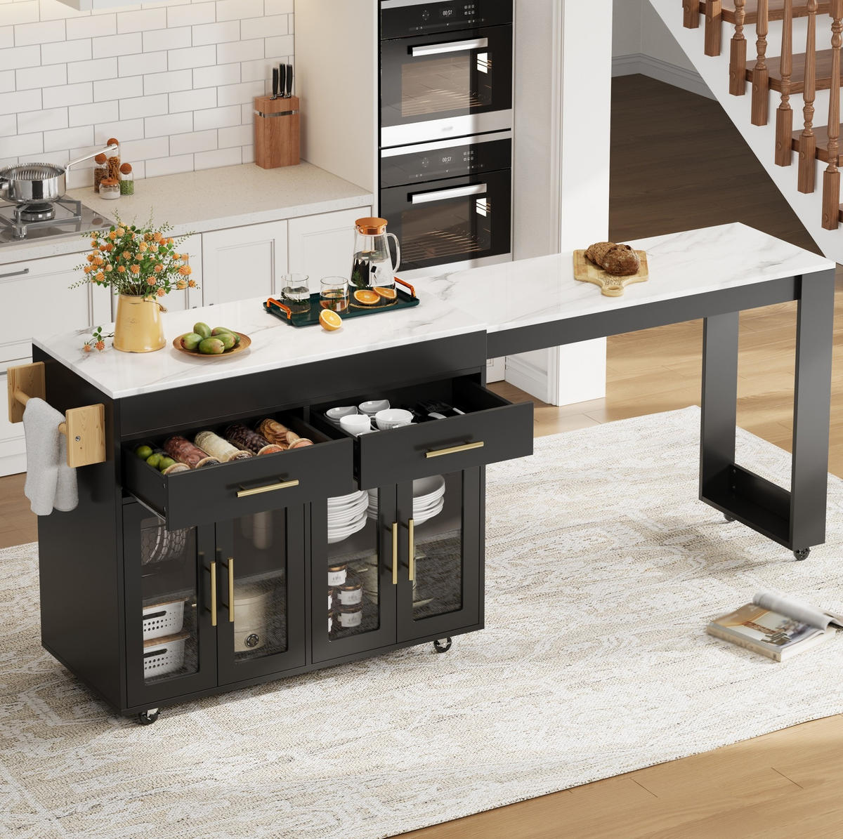 KÜCHENINSEL ausziehbar 132,5-217 x 50 x 93 cm MDF Black 3-tlg. - Schwarz, Holz (50/93/217cm) - Beauniv