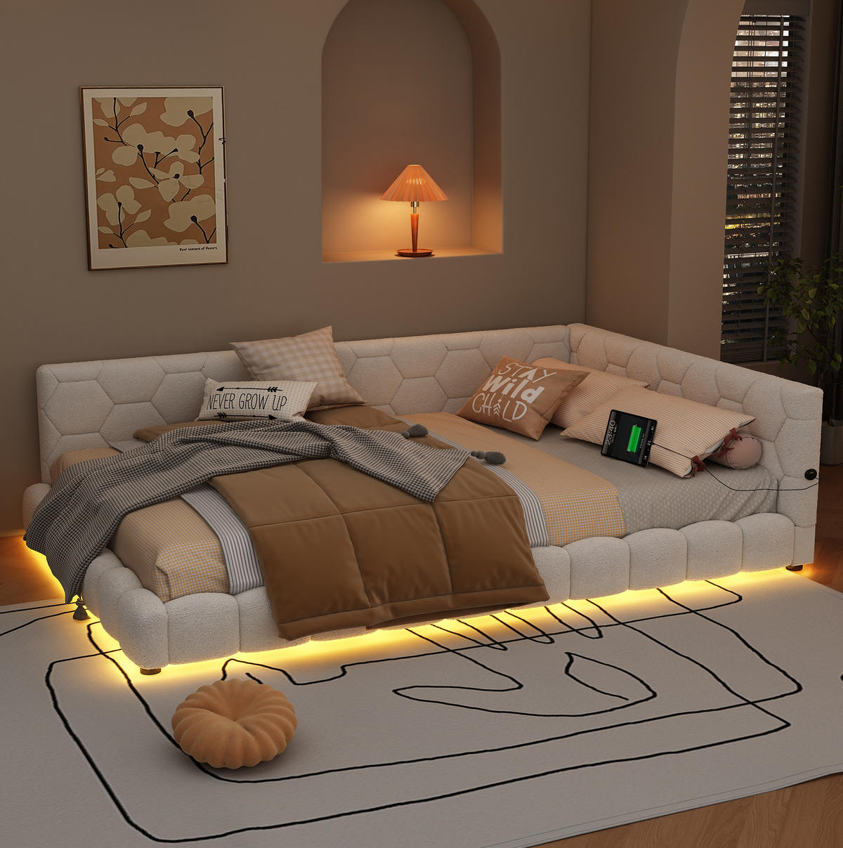 POLSTERBETT 140/200 cm Weiß mit LED-Beleuchtung und USB- und Type-C-Anschlüssen - Weiß, Textil (140/200cm) - Flora Grace