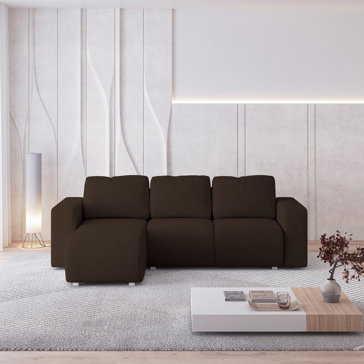 ECKSOFA RINOVA Braun Geflochtener Stoff mit Schlaffunktion - Dunkelbraun, Holz (250/143cm) - MASSENO