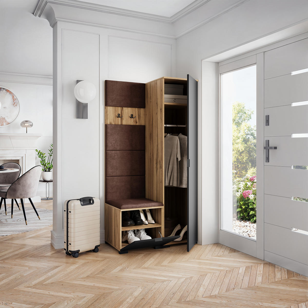 GARDEROBENSCHRANK LORI 95/181/51 cm Modern Garderobe-Set Eiche Wotan - Eiche Wotan/Schwarz, Holzwerkstoff (95/181/51cm) - MASSENO