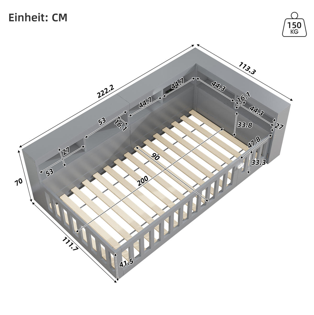 DAYBETT 90/200 cm Grau mit Steckdose, USB, Staufach, ohne Matratze - Grau, Holzwerkstoff (90/200cm) - MIVRAY