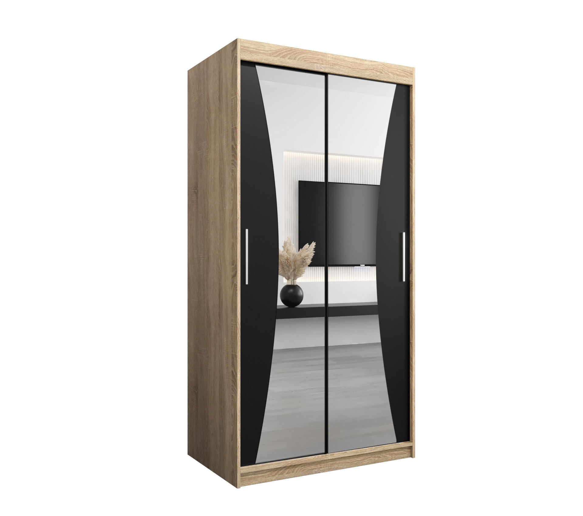 Abiks Möbel Schwebetürenschrank Sonoma Eiche, Schwarz 100x200x62 cm