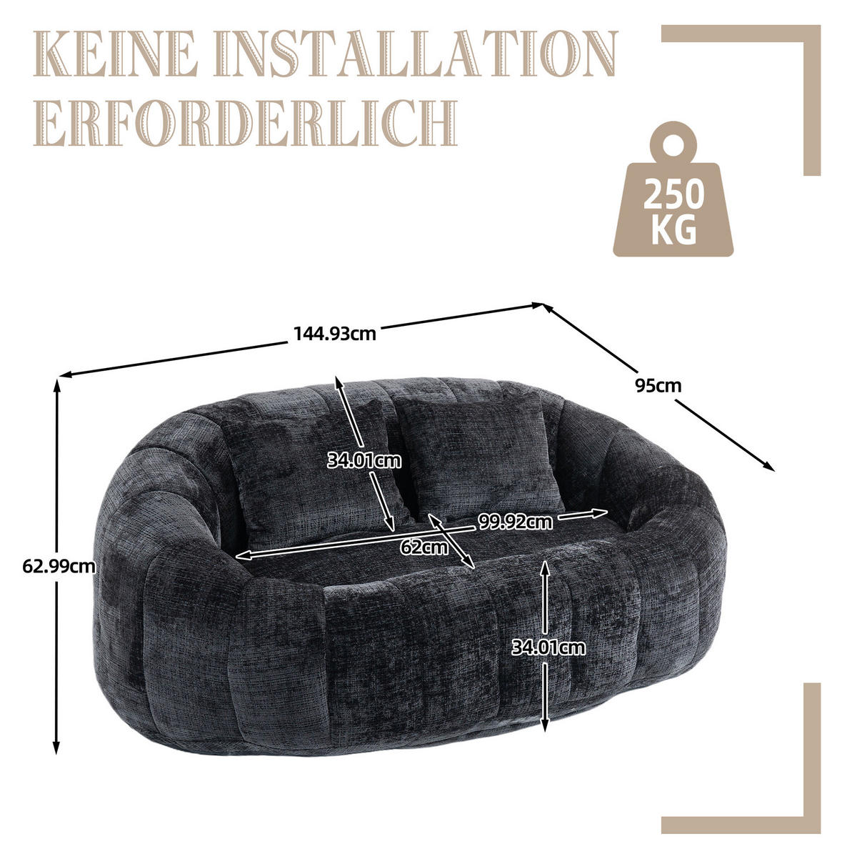 SITZSACK Lounge-Sofa 150x95 cm Chenille Black - Schwarz, Kunststoff (95/63/145cm) - Beauniv