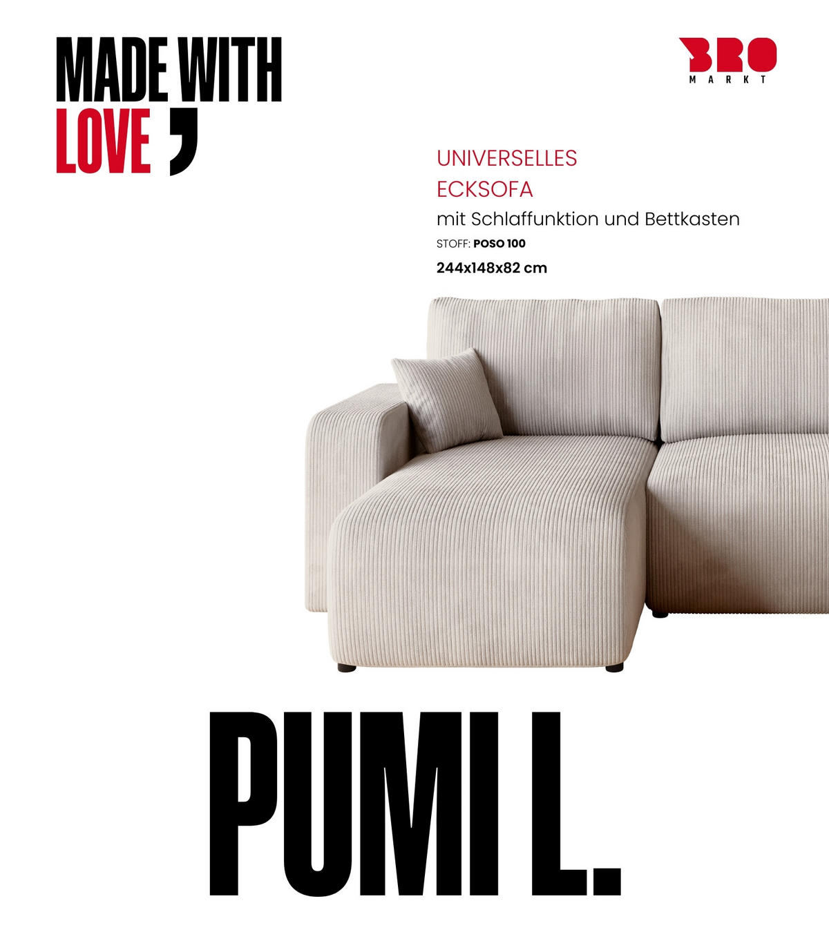 ECKSOFA PUMI mit Schlaffunktion Vanille Cord - Creme, Textil (244/148cm) - Bromarkt