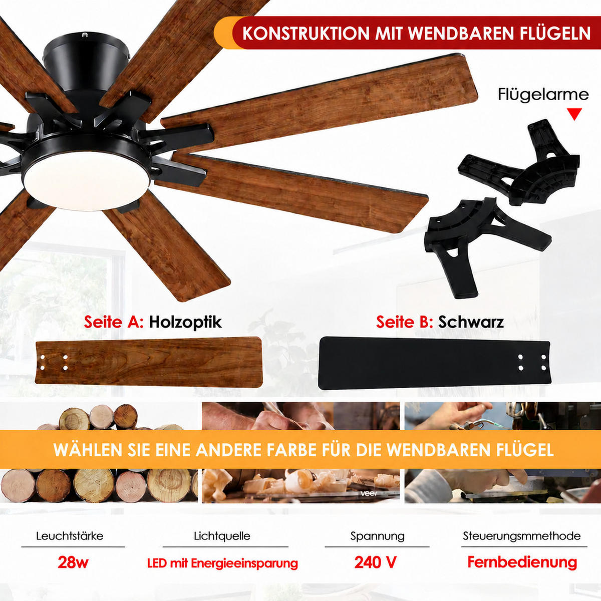 DECKENVENTILATOR Braun 132 cm mit 8 Flügeln, LED und leisem DC-Motor - Braun, Metall (132/132/27cm) - Surtime