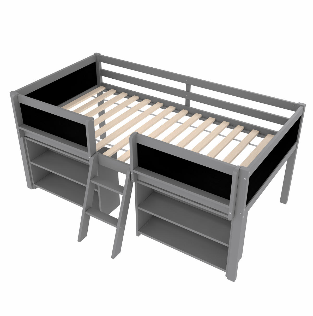 HALBHOHES Bett 90/200 cm grau aus Kiefernholz und MDF mit Stauraum - Grau, Holzwerkstoff (90/200cm) - OKWISH