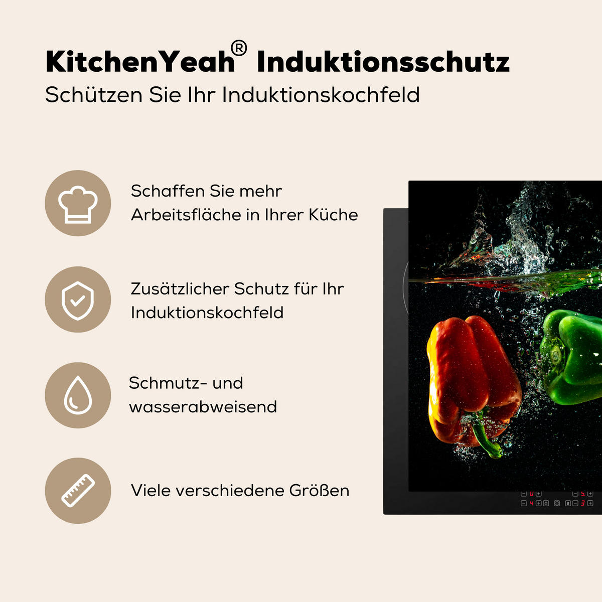 HERDABDECKPLATTE Paprika - Gemüse - Wasser - Schwarz - Rot - Grün - Gelb Herdabdeckung Induktionsfeld 60x52 cm - Multicolor, Kunststoff (60/52/0.2cm) - MuchoWow