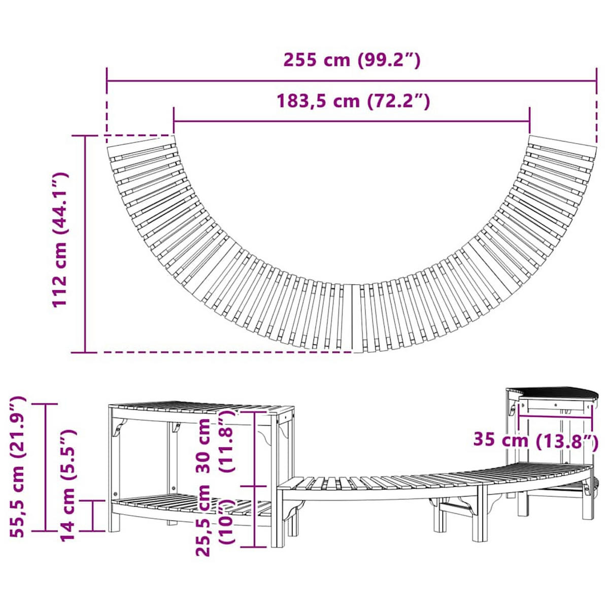 WHIRLPOOL Umgebung Halb-Rund Braun 252/112/55.5 Cm - Braun, Holz (112/55.5/252cm) - vidaXL