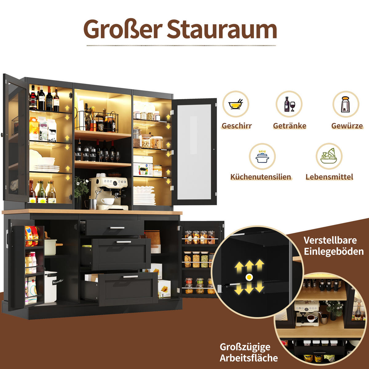 KÜCHENSCHRANK LED App 185x140x40Cm Arbeitsplatte - Schwarz, Holzwerkstoff (140/185/40cm) - FLIEKS
