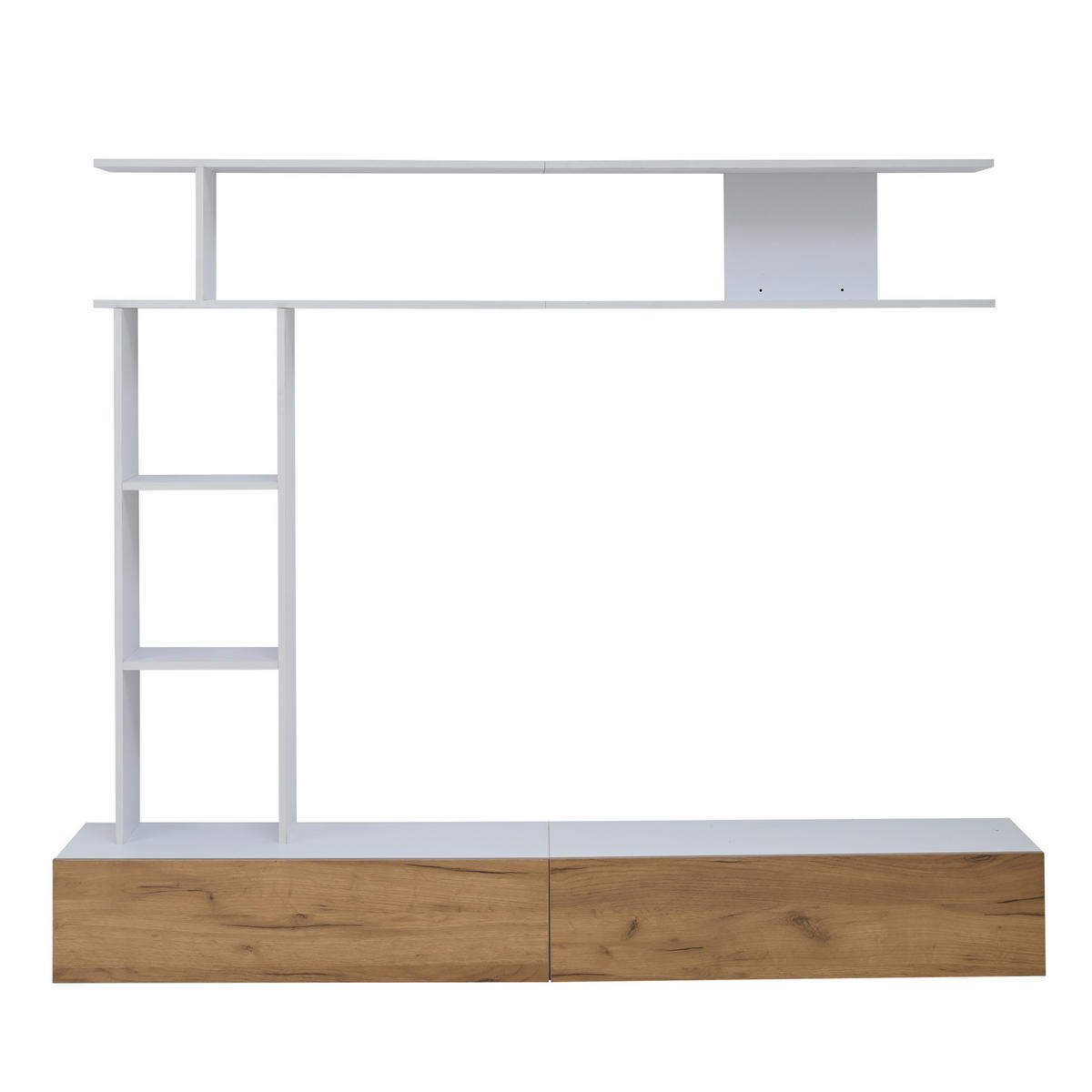TV regal 180/35/150 cm bijelo i boja hrasta od iverala s policama i stojećom ili visećom montažom - bijela, drvni materijal (180/150/35cm) - OKWISH