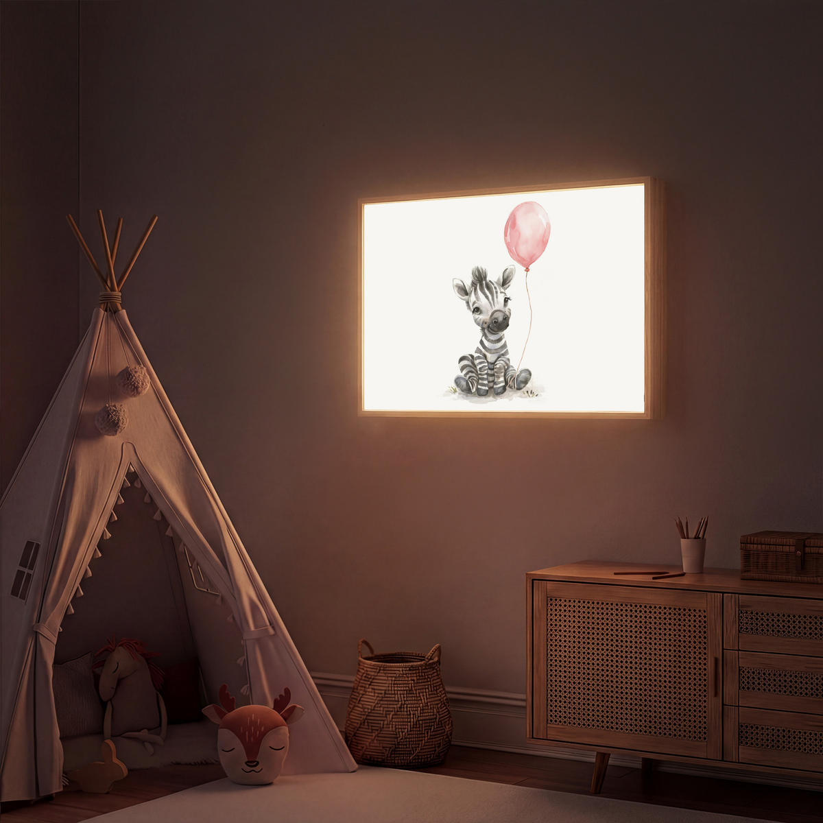 NACHTTISCHLAMPE MIT AKKU Zebra - Baby - Tiere - Rosa Luftballon 90x60 cm - Weiß, Holzwerkstoff (8/90/60cm) - OnlyWow