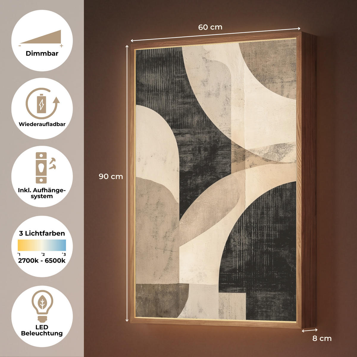 NÁSTĚNNÁ LAMPA S AKUMULÁTOREM Abstraktní - Tvary - Moderní - Béžová 60x90 cm - šedá, kompozitní dřevo (60/90/8cm) - OnlyWow