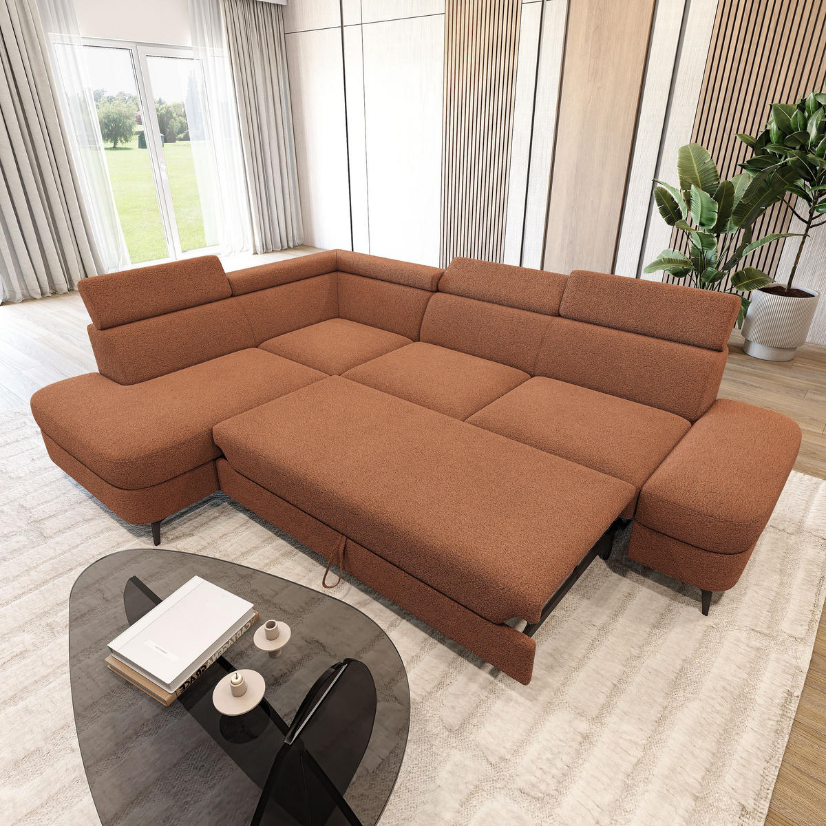 ECKSOFA AVISE Q L-S Orange Boucle-Stoff mit Schlaffunktion - Orange, Holzwerkstoff/Textil (268/195cm) - MASSENO