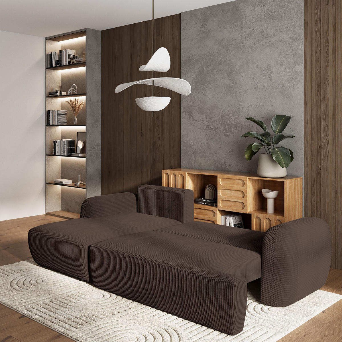 ECKSOFA MODENZA P L-S Braun Kordstoff mit Schlaffunktion - Braun, Holz (266/148cm) - MASSENO