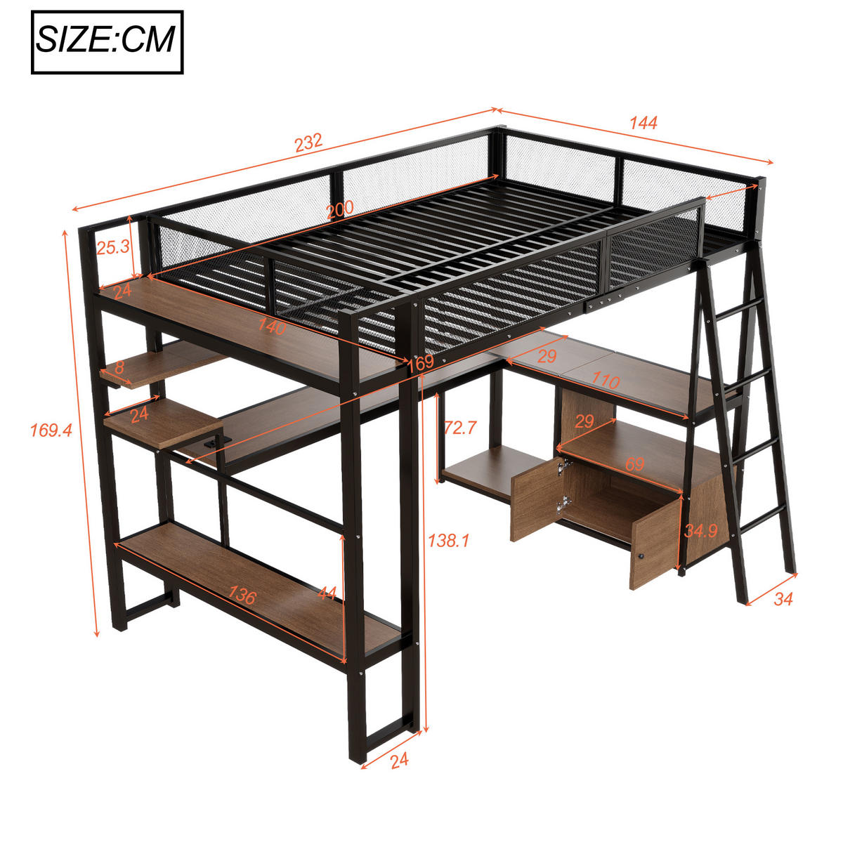 HOCHBETT 140/200 cm mit Schreibtisch, LED-Beleuchtung, Ladestation und Stauraum, Schwarz - Schwarz, Holzwerkstoff (140/200cm) - Redom
