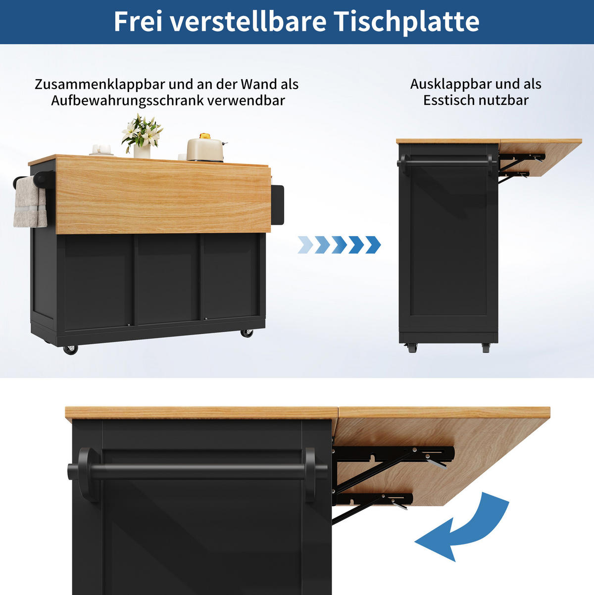 KÜCHENINSEL 140/40/93,5 cm aus MDF mit klappbarer Arbeitsplatte Schwarz - Schwarz, Holzwerkstoff (140/93.5/40cm) - Modenvie