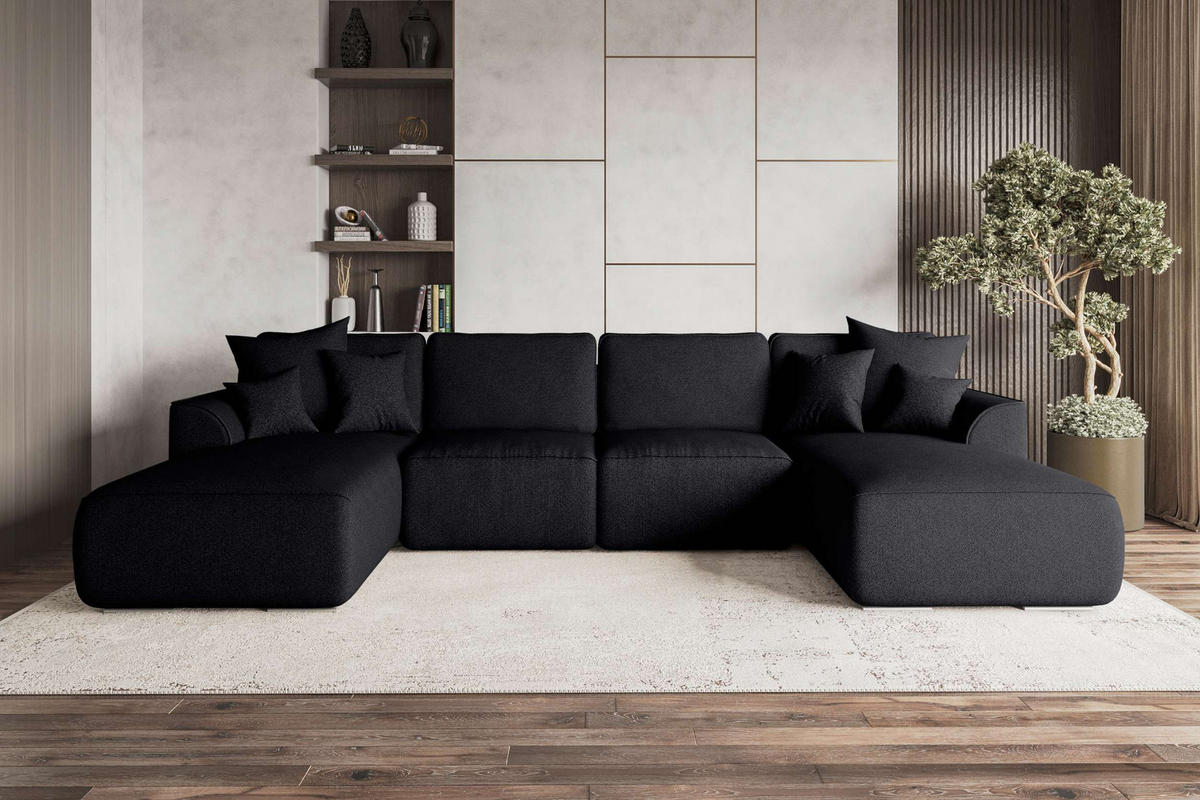 WOHNLANDSCHAFT GUSTO Strukturstoff Schwarz inkl. Schlaffunktion - Chromfarben/Schwarz, Kunststoff/Textil (306/96/194cm) - 99rooms