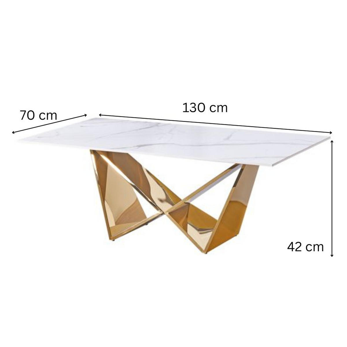 DESIGN-COUCHTISCH CENTO Rechteckiger Wohnzimmertisch in Marmor-Optik mit geometrischem Edelstahl-Gestell (130 x 70 cm) - Goldfarben/Weiß, Metall (70/130/42cm) - alesvelt