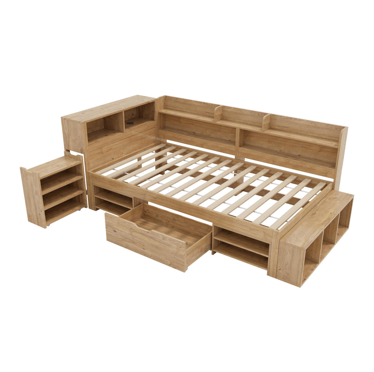 KINDERBETT 90/200 cm mit Stauraum, Regalen und Schublade aus Sperrholz, Natur - Naturfarben, Holzwerkstoff (90/200cm) - Redom