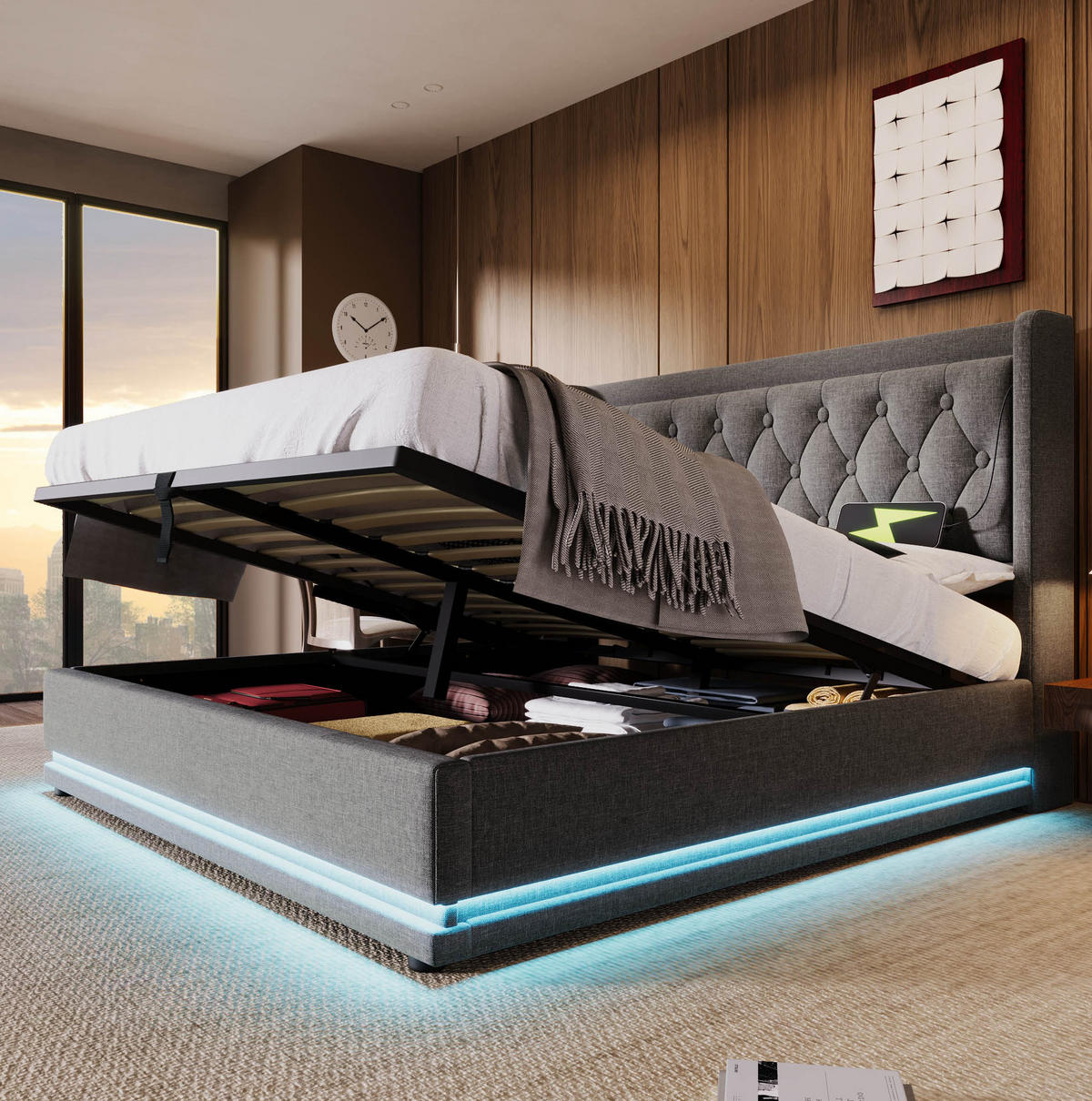 POLSTERBETT mit Stauraum, USB & LED 160x200 cm Baumwolle Grau inkl. Matratze - Grau, Metall (160/200cm) - Meubliv