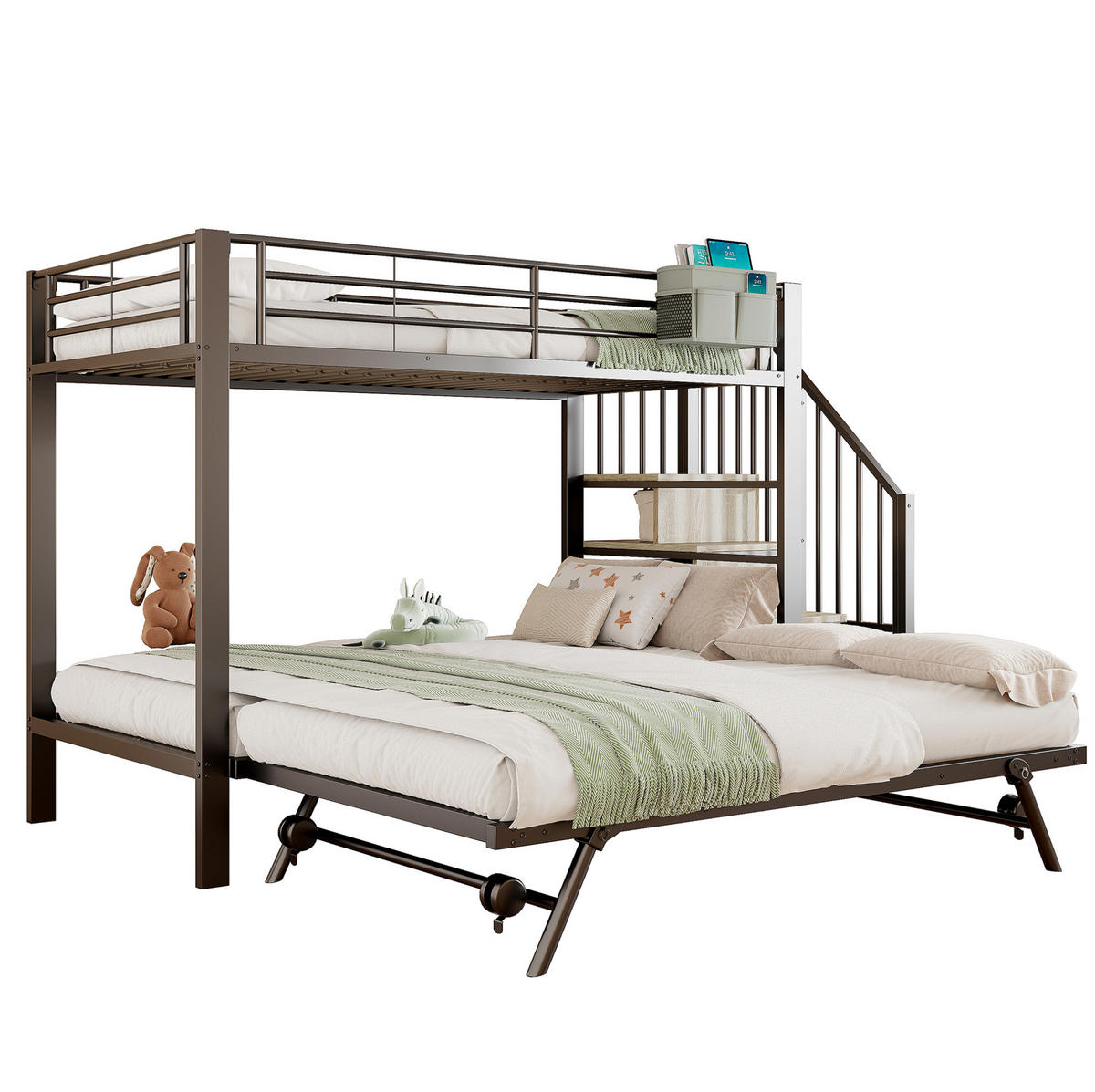 ETAGENBETT 90/200 cm mit Ausziehbett, Stauraumtreppe und Stofftasche, Metall, Schwarz - Schwarz, Metall (90/200cm) - Redom