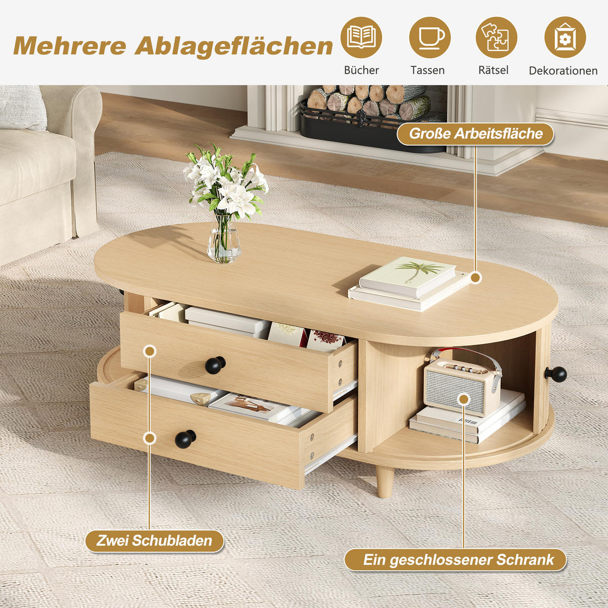 COUCHTISCH in Holzoptik Runder Kaffeetisch mit Rolltüren und Schubladen, Massivholzbeinen, 100/50/36 cm - Hellbraun, Holzwerkstoff (50/100/36cm) - STILVORA
