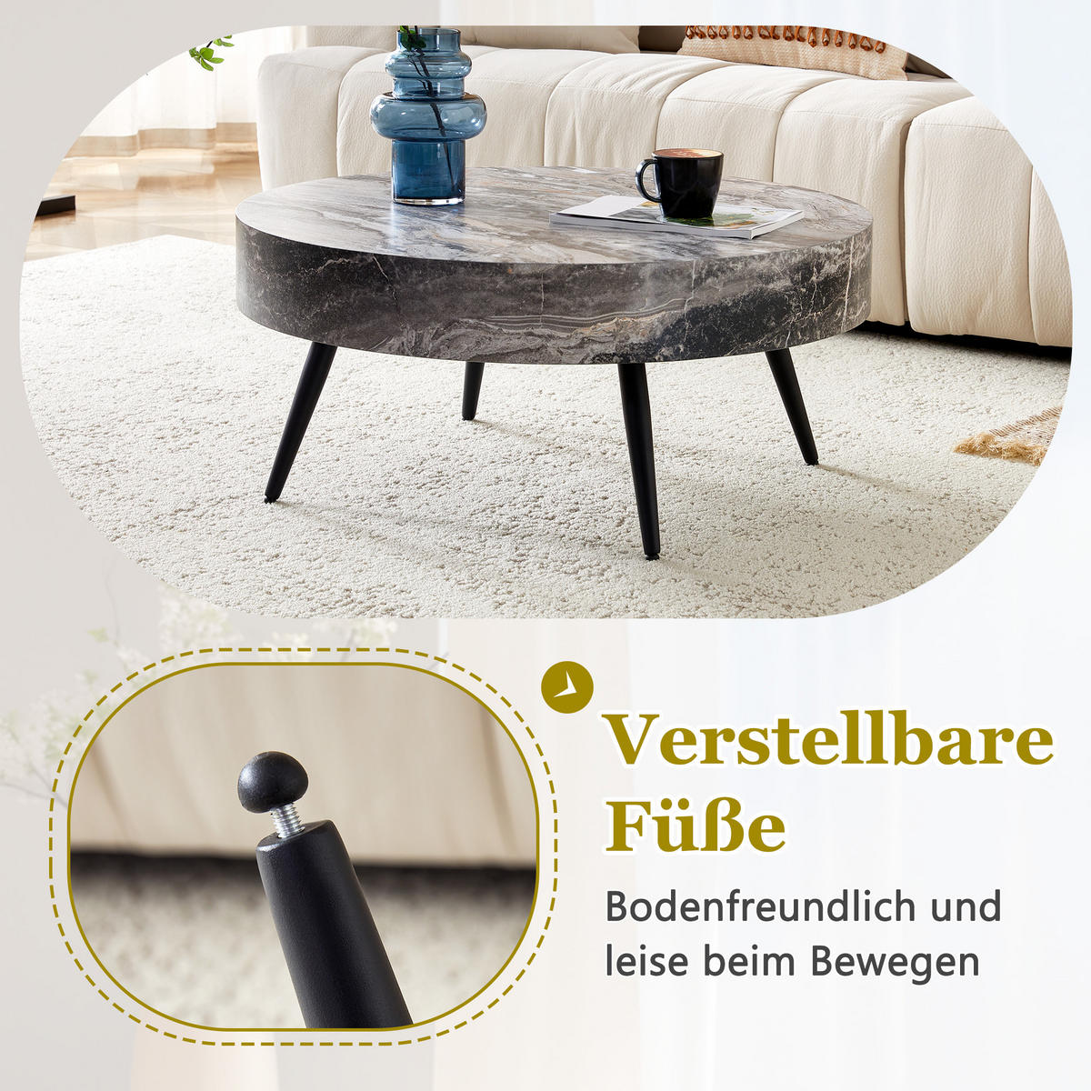 RUNDER COUCHTISCH Marmor-Optik - Grau, Metall (70/70/35.5cm)