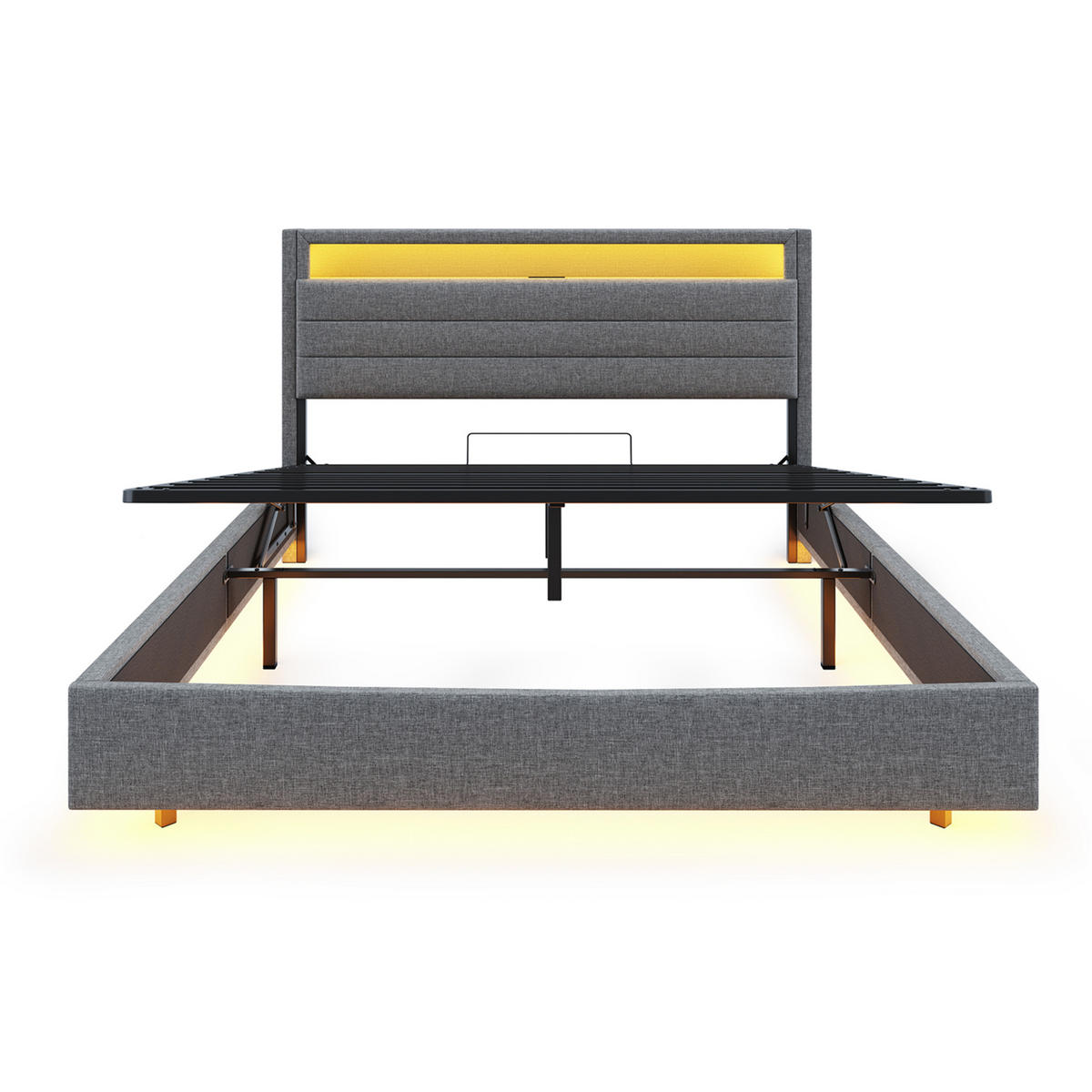 POLSTERBETT 160/200 cm mit Stauraum und LED-Beleuchtung aus Leinen grau - Grau, Textil (160/200cm) - OKWISH