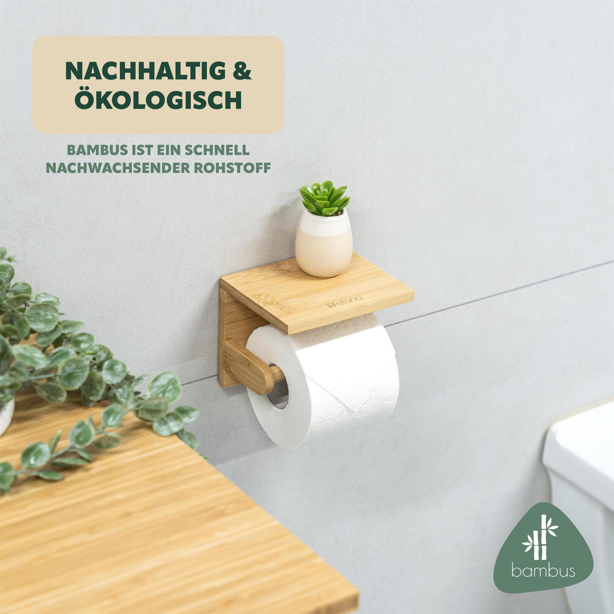 TOILETTENPAPIERHALTER, Bambus, zum Kleben - Braun, Holz (20/4/11.5cm) - eluno