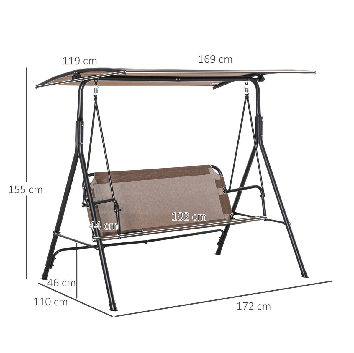 HOLLYWOODSCHAUKEL 172/110/155 cm mit verstellbarem Baldachin und stabilem Metallrahmen, Braun - Braun, Metall (110/155/172cm) - Redom