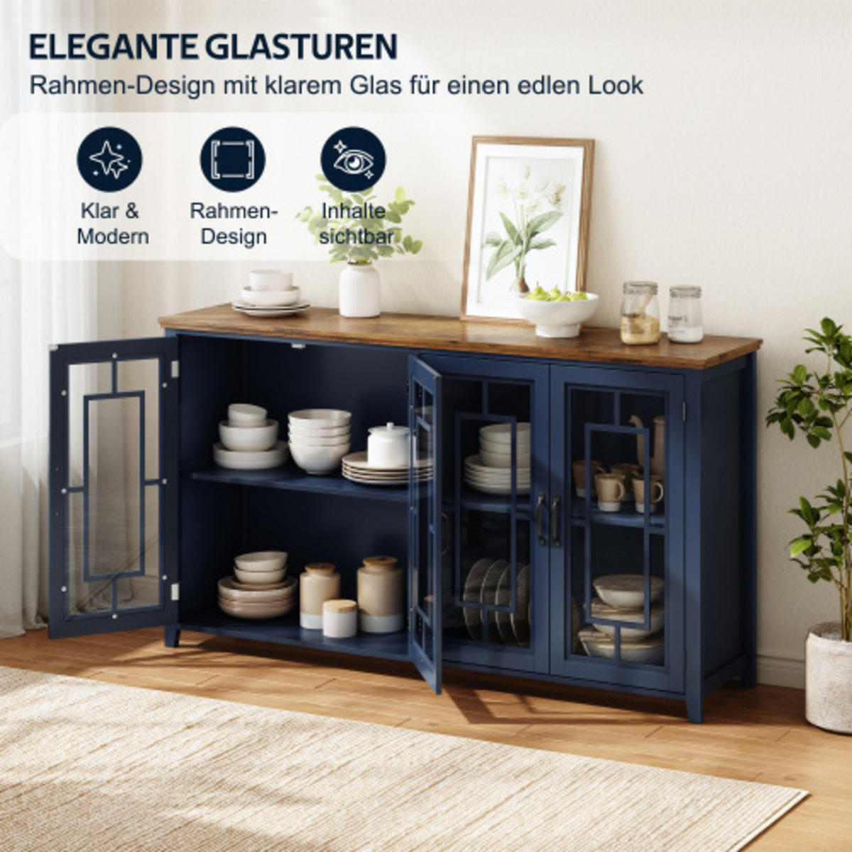 SIDEBOARD Blau aus MDF mit Retro-Holzmaserung-Platte 160 × 40 × 86 cm - Blau, Holzwerkstoff (160/86/40cm) - Luhomfu