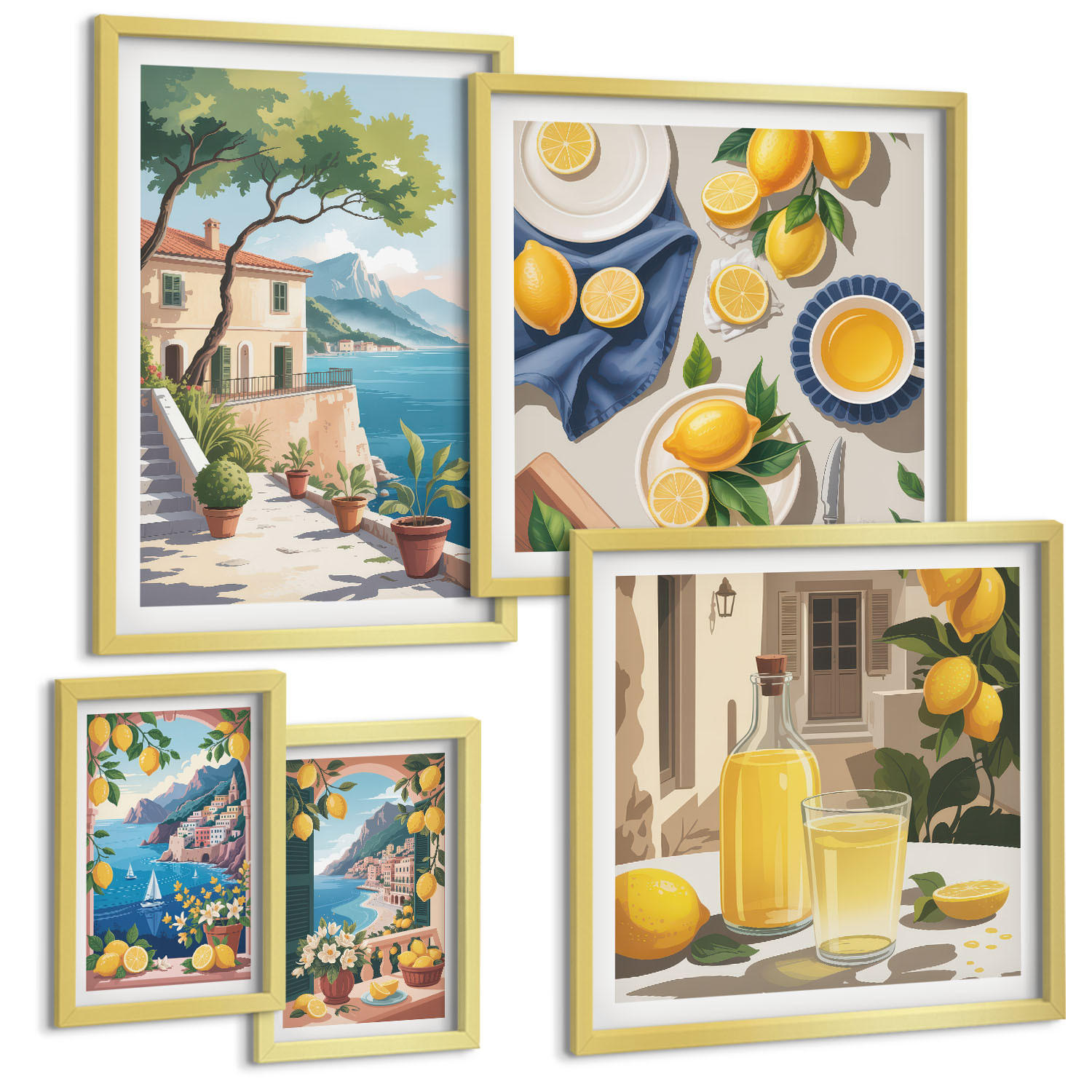 BILDER SET 5er Set - 50x50 cm & 20x30 cm & 40x60 cm Goldrahmen - Olivenblüten in Vasen Natur - Goldfarben, Kunststoff (40/60cm) - TULUP