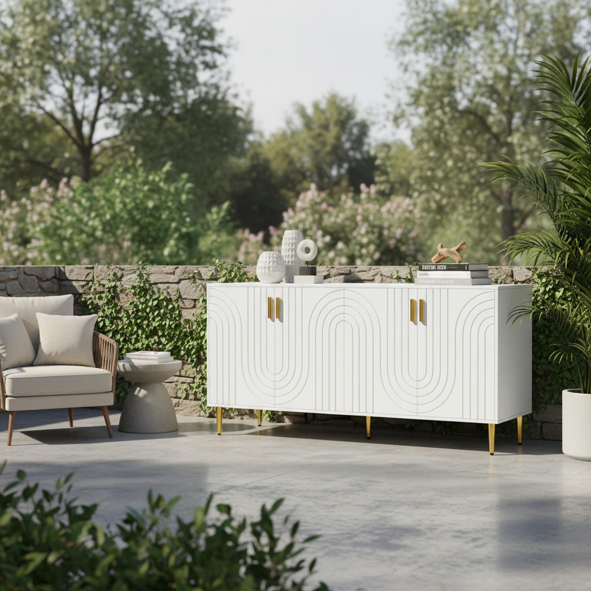 SIDEBOARD Wellenfront mit goldenen Griffen & Füßen Weißes - Weiß, Holzwerkstoff (152/75/40cm) - Urban Meuble