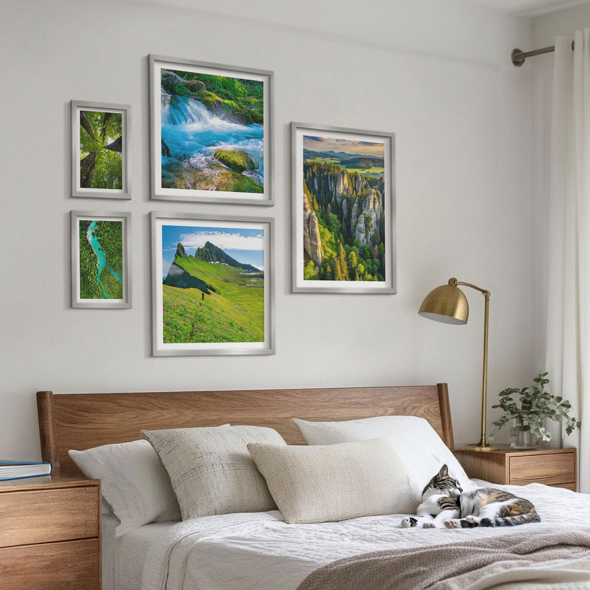 WANDBILDER 5er Set - 50x50 cm & 20x30 cm & 40x60 cm Silberner Rahmen - Wasserfälle grüner Wald Wasser - Silberfarben, Kunststoff (40/60cm) - ArtPrintCave