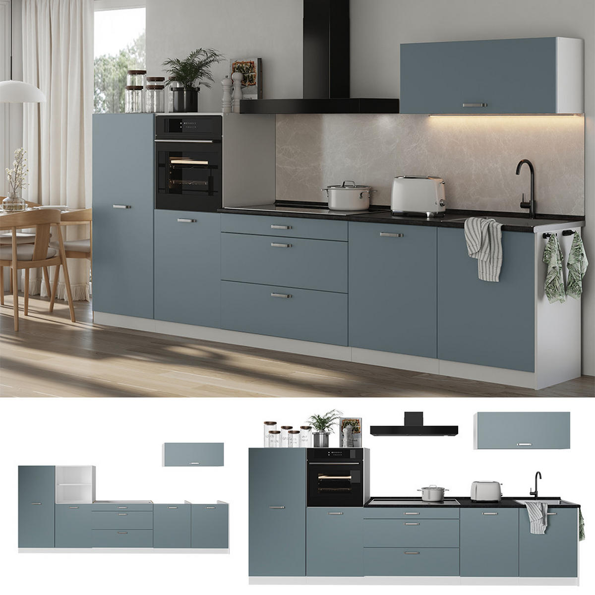 KUCHYNKA R-Line, Modrošedá/biely, 340 cm antrasiitti työtaso - biela/modrosivá, kompozitné drevo (340/143/60cm) - Vicco