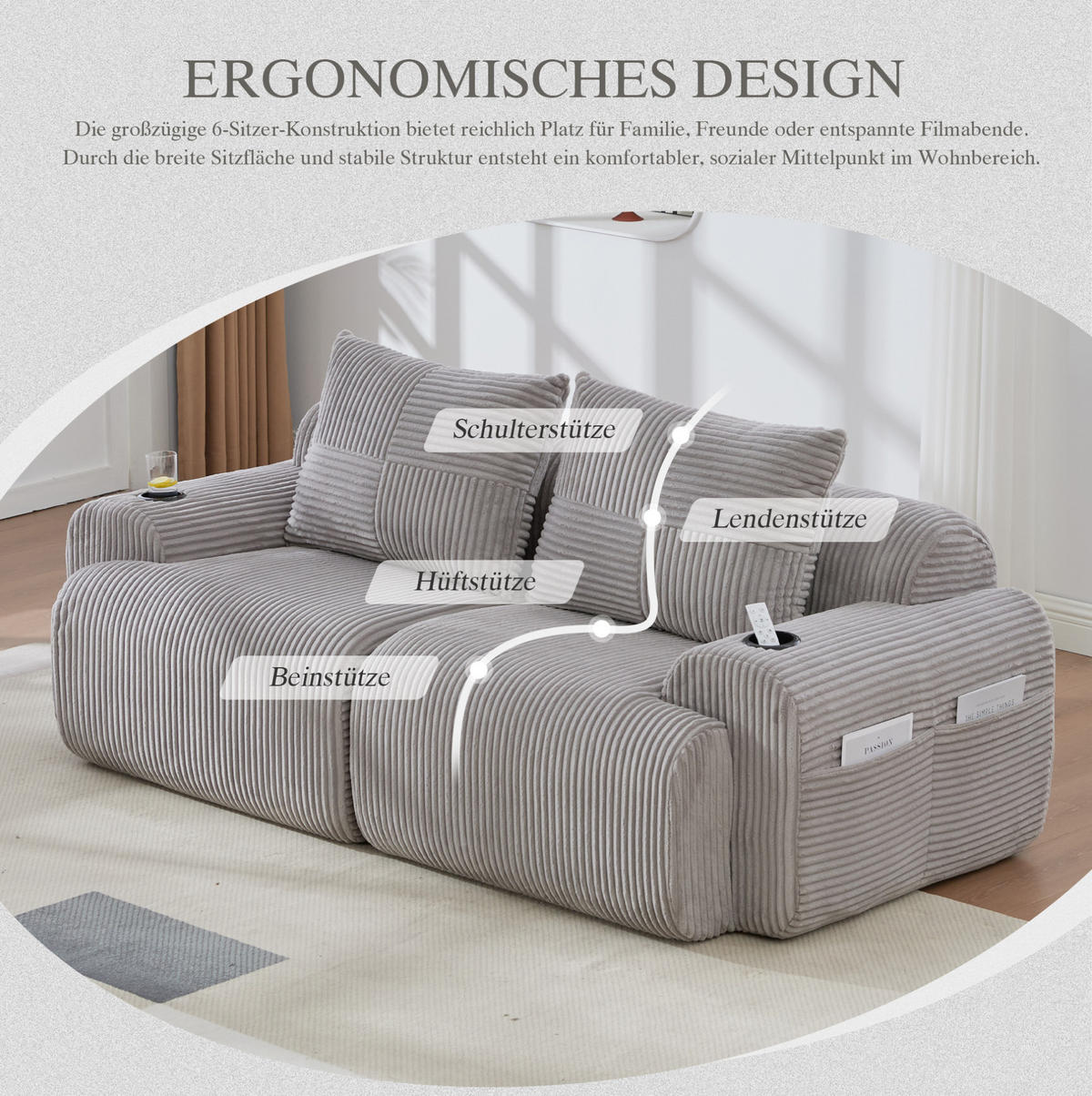 2-SITZER Sofa 200/99/80 cm in Hellgrau mit Cupholder und Seitentasche - Hellgrau, Textil (99/80/200cm) - Flora Grace