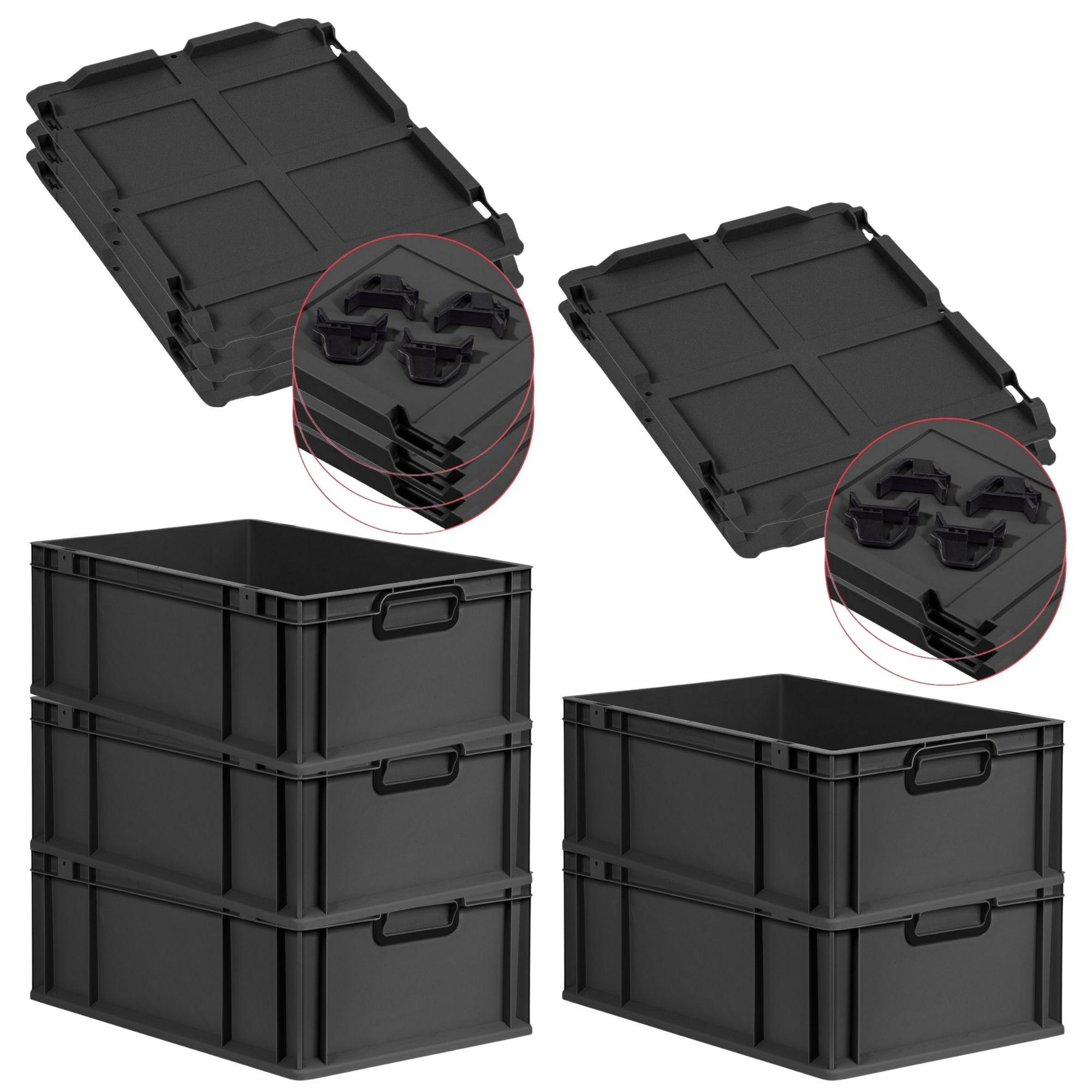 EUROBOX 5x NextGen Color mit Auflagedeckel 22x40x60 cm 44 Liter Schwarz Griffe schwarz zu - Anthrazit/Schwarz, Kunststoff (40/22/60cm) - PROREGAL