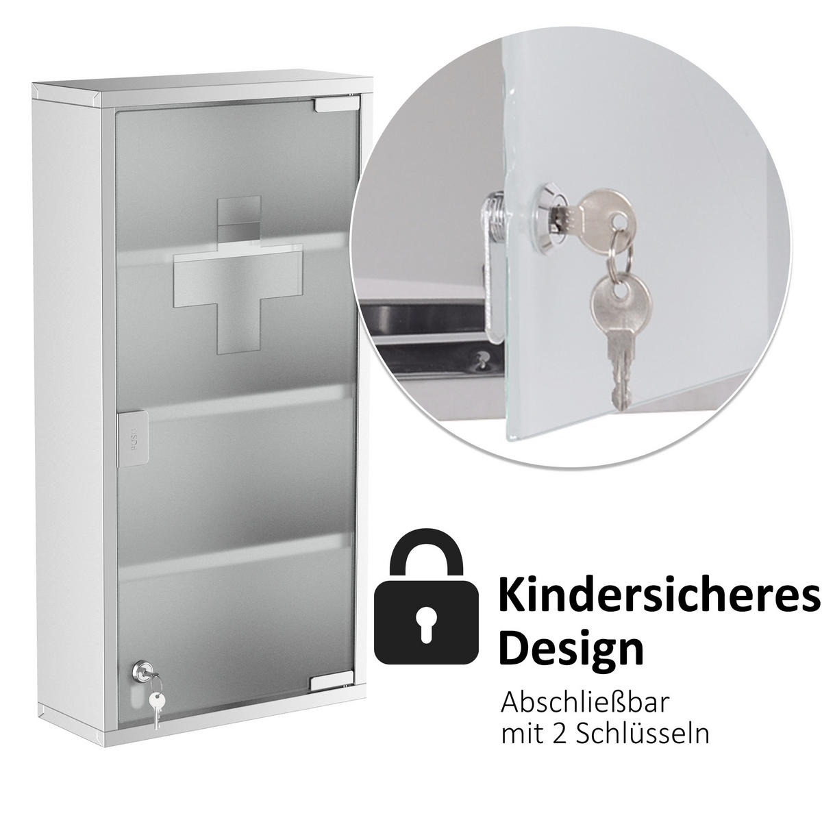 MEDIZINSCHRANK, Erste Hilfe, mit Schloss, Edelstahl, 30 x 12 x 60 cm - Silberfarben, Glas (12/60/30cm) - HOMCOM
