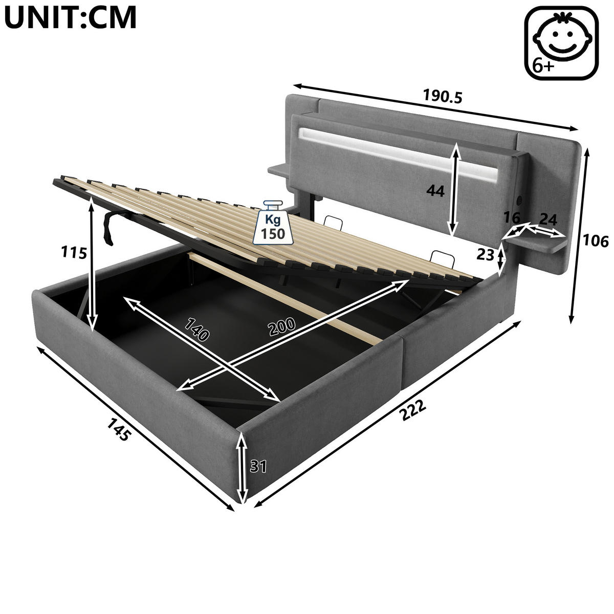 POLSTERBETT aus MDF und Leinen 140x200 cm Grau mit Bettkasten, LED-Beleuchtung, Nachttisch und USB-Anschluss - Grau, Textil (140/200cm) - Modfu