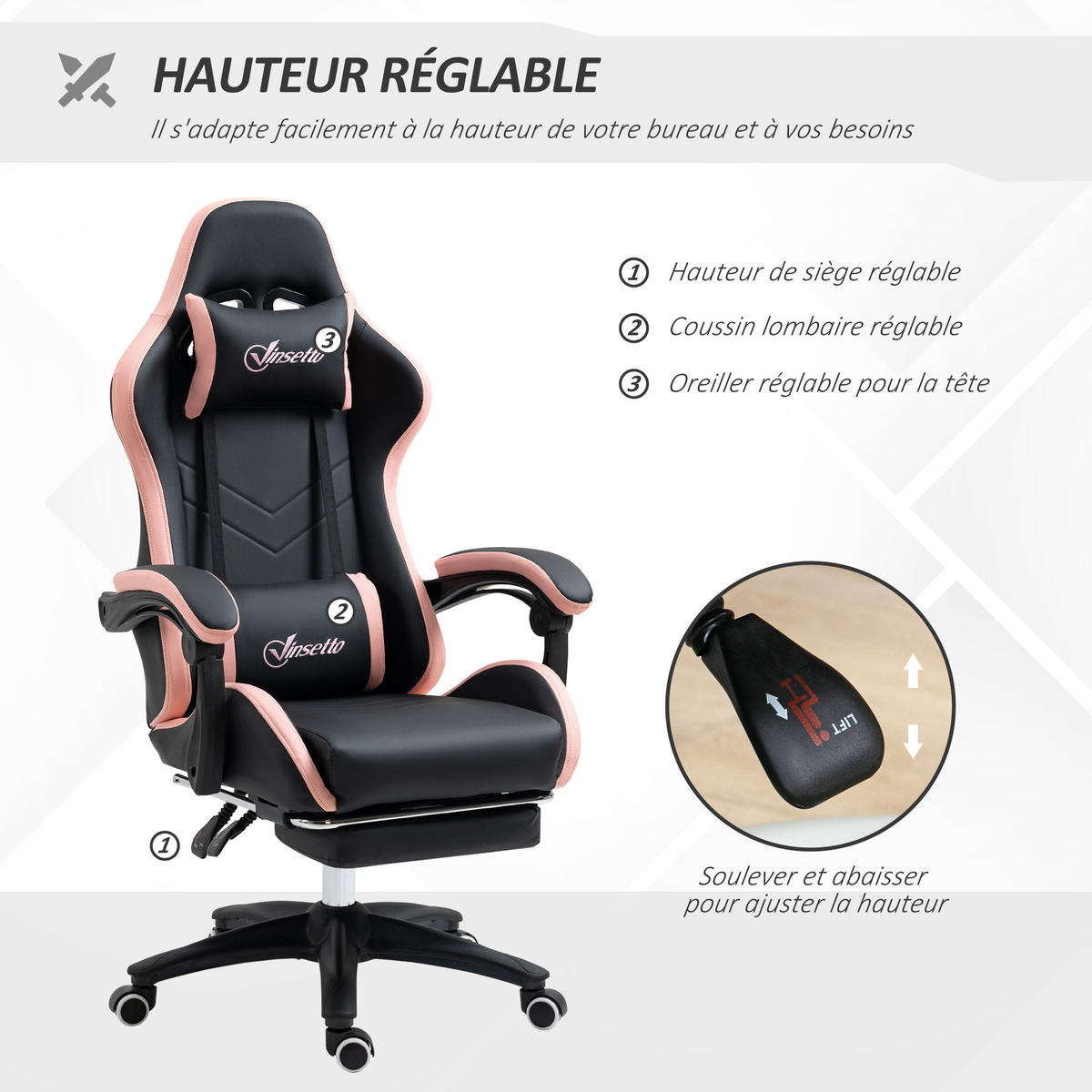 GAMING-STUHL Rosa, 65/65/121-129 cm, Höhenverstellbar, mit Fußstütze - Hellrosa, Metall (65/129/65cm) - PANGIVO