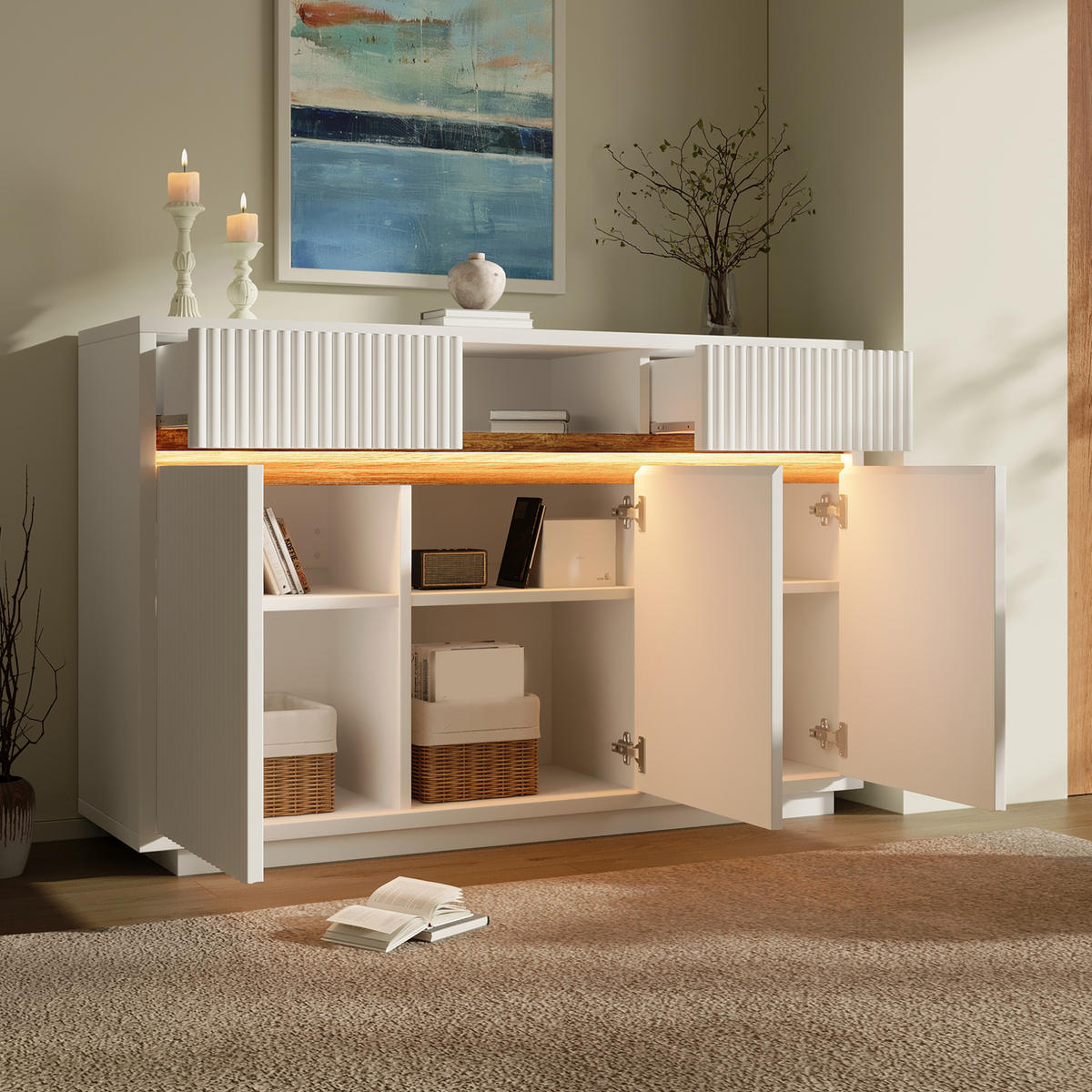 SIDEBOARD 140/40/85 cm in Weiß mit LED, 2 Schubladen und 3 Türen - Weiß, Holz (140/85/40cm) - BEAOK