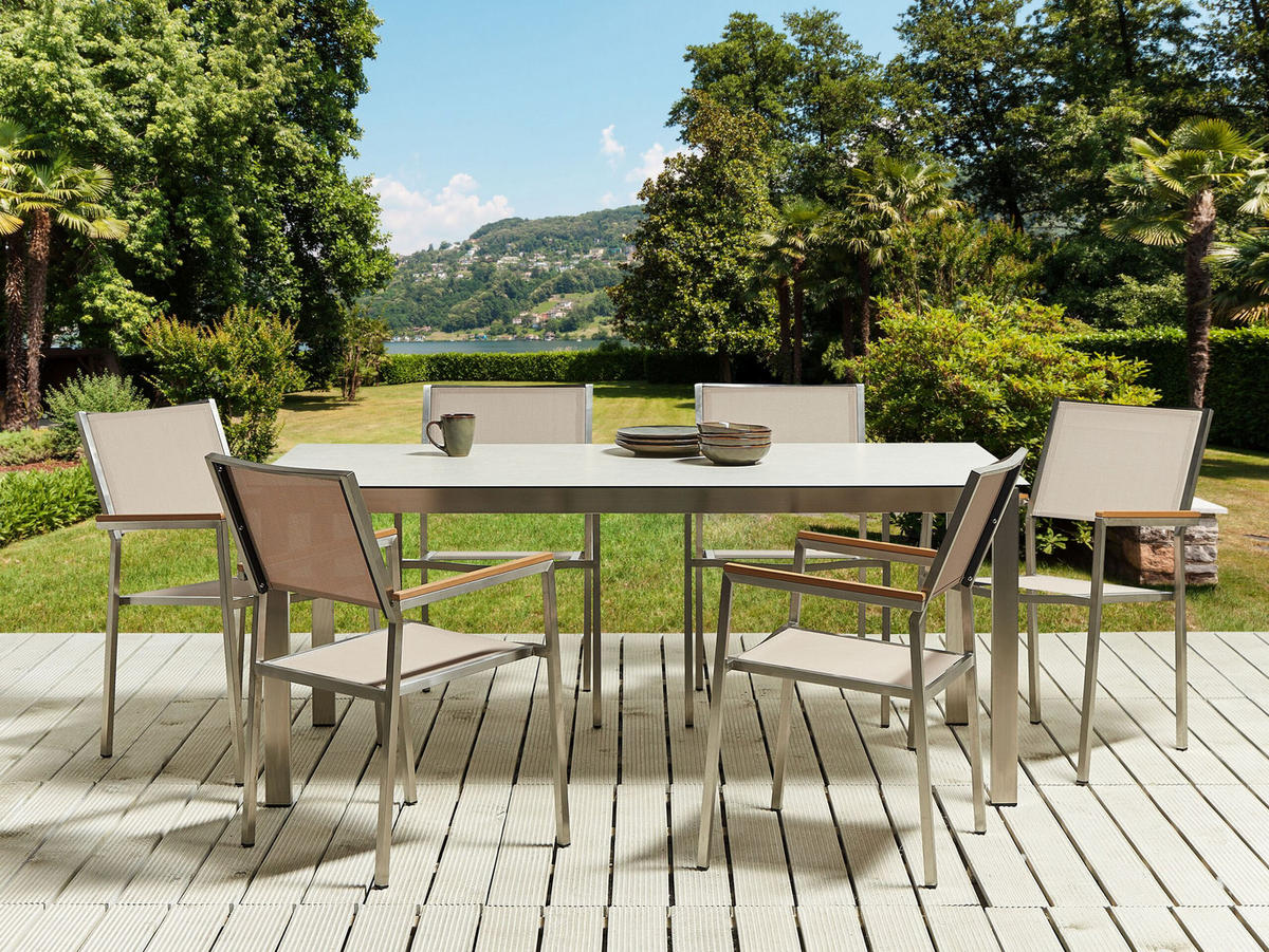 GARTENMÖBEL SET 6-Sitzer Keramik-Glas weiß Textil beige Cosoleto/Grosseto - Beige/Silberfarben, Glas - Beliani