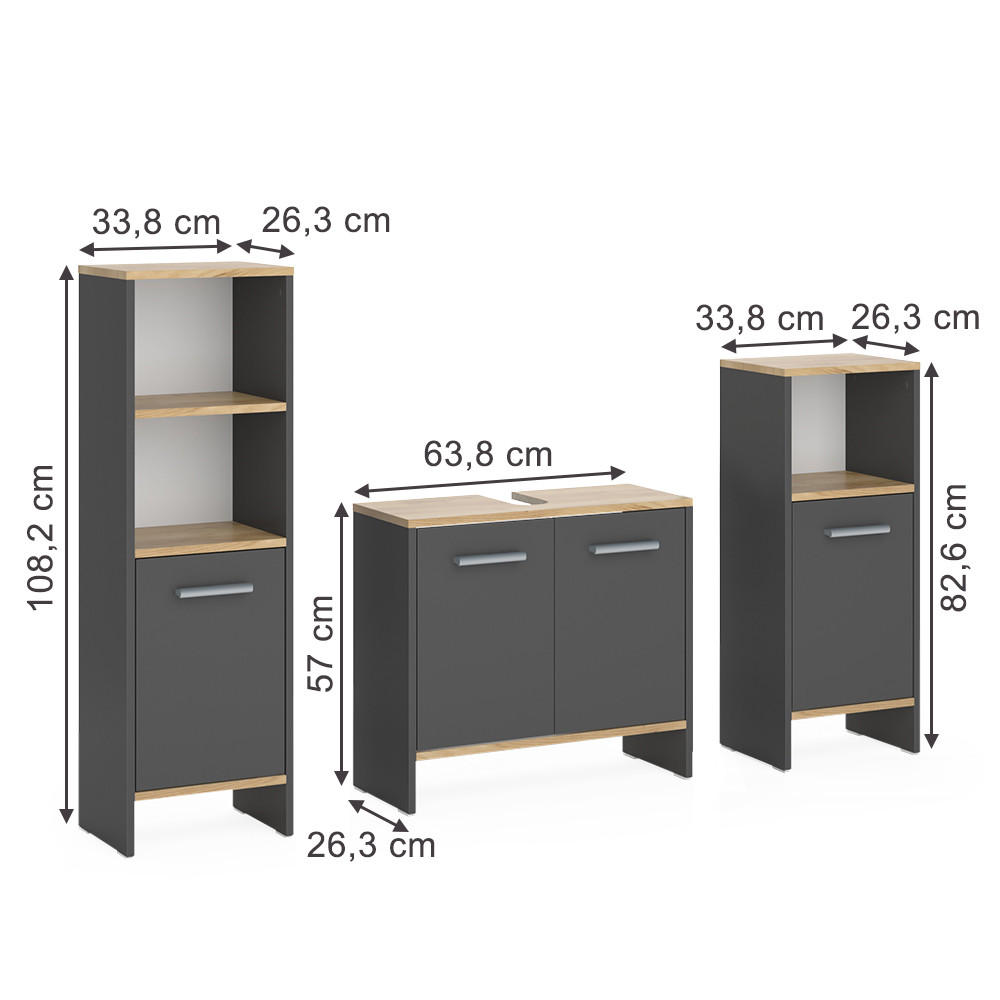 BADMÖBEL-SET Karli Anthrazit/Goldkraft Eiche 3-teilig - Anthrazit, Holzwerkstoff (131.4/108.2/26.3cm) - Vicco