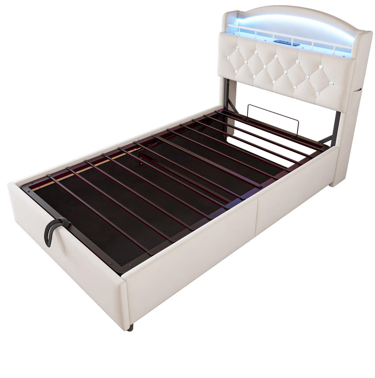 BETT mit Stauraum 90x200 cm Samt Beige mit LED und USB - Beige, Metall (90/200cm) - Meubliv