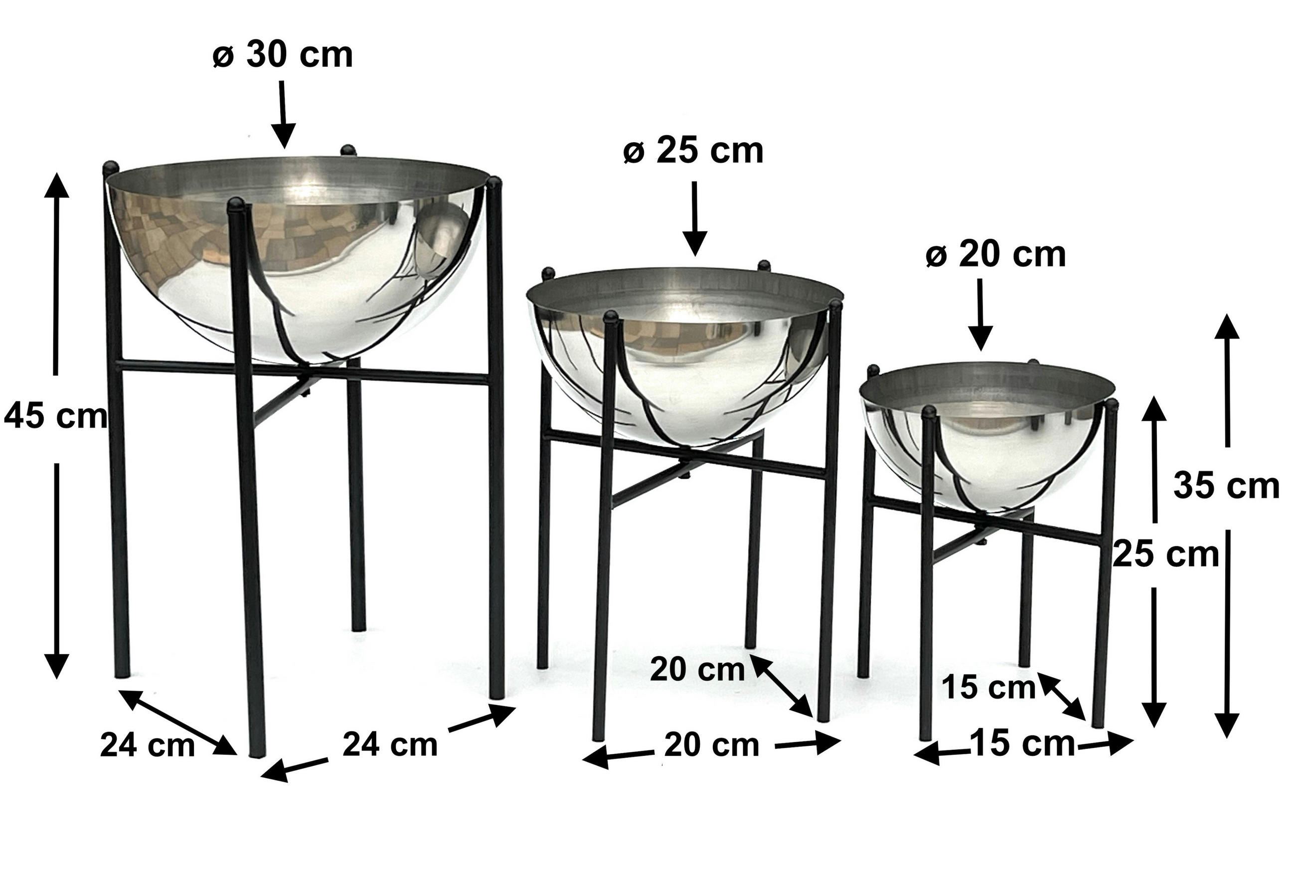 BLUMENHOCKER Metall mit Topf Schwarz Silber 3er Set - Schwarz, Metall (24/45/24cm) - DanDiBo