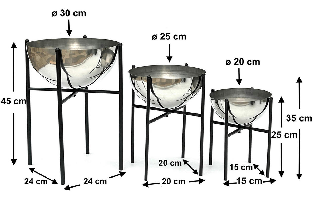 BLUMENHOCKER Metall mit Topf Schwarz Silber 3er Set - Schwarz, Metall (24/45/24cm) - DanDiBo