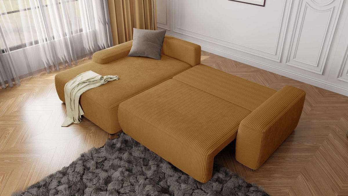 ECKSOFA Nancy Honig Cord - Schwarz/Honig, Holz/Kunststoff (264/162cm) - S-Style Möbel