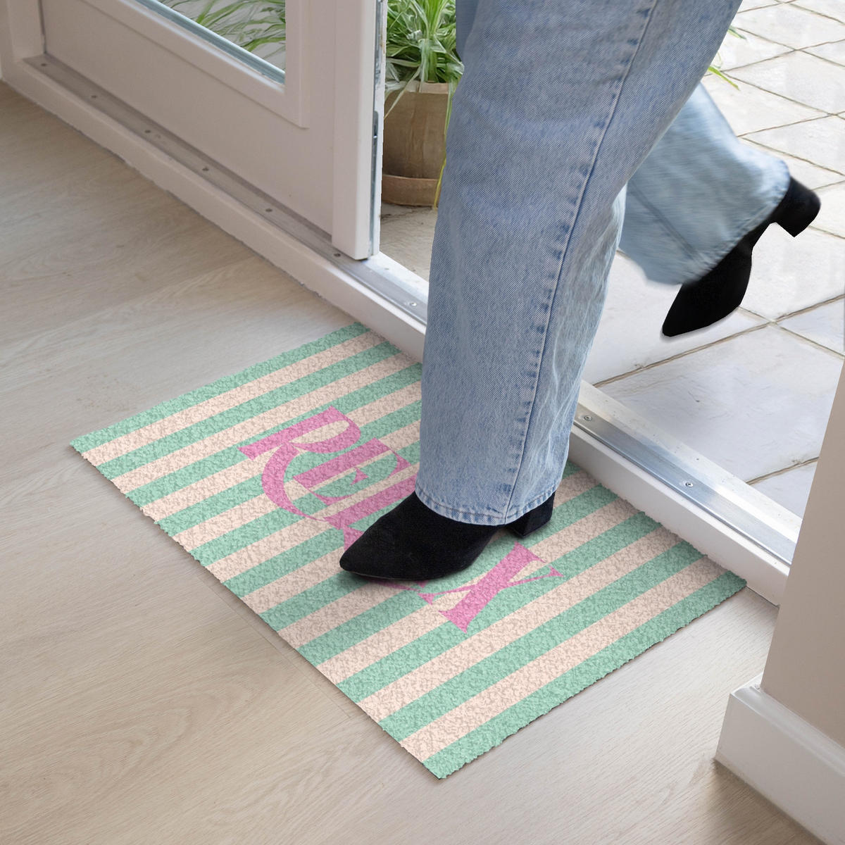 FUSSMATTE Rosa – Grün – Streifen – Entspannung 60x40 cm - Mintgrün, Kunststoff (60/0.4cm) - MuchoWow
